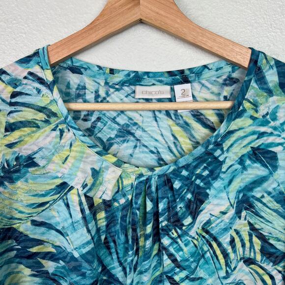 Chico's Blue Abstract Botanicals Print 3/4 Sleeve Lightweight Top Size 2 (Large) - Picture 2 of 6